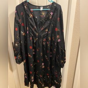 NWT Old Navy XL Tall Dress Black Silky Floral Tie Front Knee Length Bell Sleeve